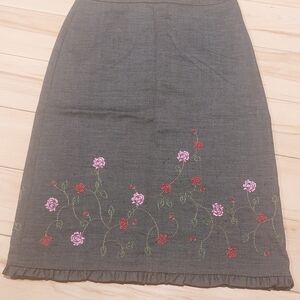 BCBG Dark Gray Pencil Skirt with Red & Pink Floral Embroidery